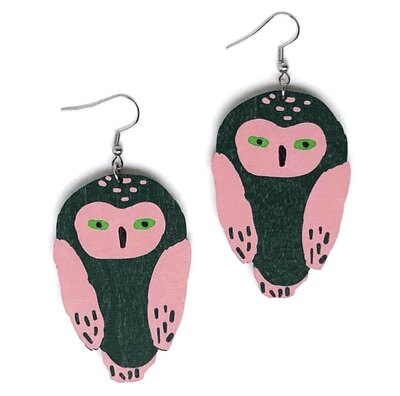 0 Owl Hook earrings pink&green